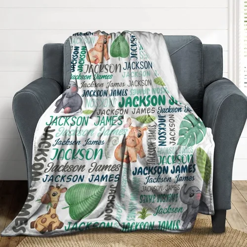 Vista 6 de Artsadd Manta personalizada con nombre, manta personalizada de animales de la selva, manta personalizada de safari para niños, niñas, baby shower