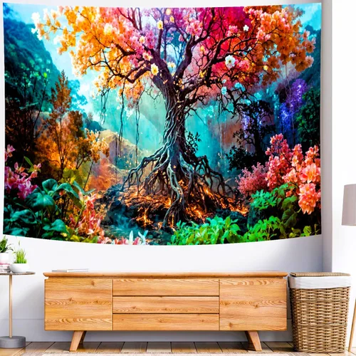 Vista 3 de Delur Tapiz de bosque con diseño de árbol de la vida, bosque tropical, para colgar en la pared, colorido paisaje místico, cabecero psicodélico