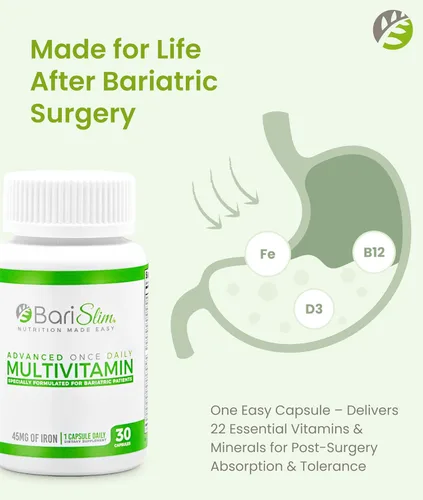 Vista 3 de BariSlim Cápsula multivitamínica bariátrica avanzada una vez al día, 45 mg de hierro, vitamina bariátrica para cirugía post bariátrica, incluyendo
