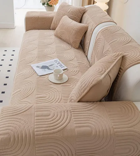 Vista 11 de Funda de sofá geométrica de granja para sofá, funda de terciopelo suave acolchada para sofá seccional, funda de sofá antideslizante para sofá, Gris