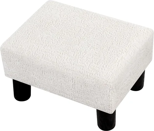 Vista 10 de Adeco Reposapiés otomano tapizado de lino de 15.4 pulgadas, pequeño taburete acolchado y asiento decorativo con patas de aspecto de madera, taburete