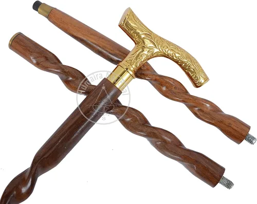 Vista 4 de Bastón unisex de 37 pulgadas de ébano marrón con mango en T de latón, acabado de madera natural