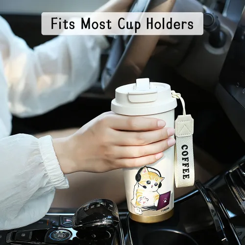 Vista 5 de Funkrin Taza de café aislada con popote y tapa abatible, vaso de 24 onzas con revestimiento de cerámica, taza de viaje a prueba de fugas al vacío