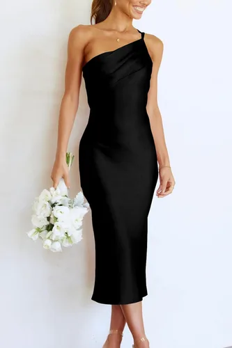Vista 5 de PRETTYGARDEN Vestido midi de satén para mujer, con un hombro, tirantes delgados, espalda descubierta, fruncido, vestido ajustado de verano
