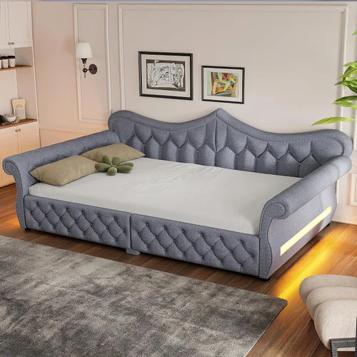 Vista 11 de Cama Diván Moderna Tamaño Twin XL con Cinturón LED y Cama Nido, Marco de Cama Plataforma de Madera con Cabecera Tapizada con Almacenamiento, Sofá