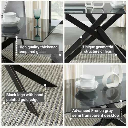 Vista 4 de Mesa de comedor de estilo moderno con parte superior de vidrio templado gris y patas tubulares de metal negro, 58.5 pulgadas de largo x 29 pulgadas
