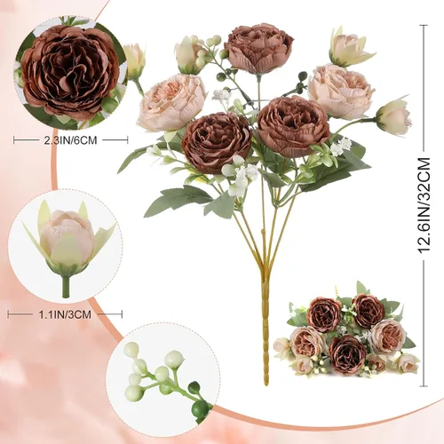 Vista 2 de 2 racimos de flores artificiales de peonía beige, ramo de peonías de seda para bodas, fiestas, centros de mesa, arreglos florales, decoración