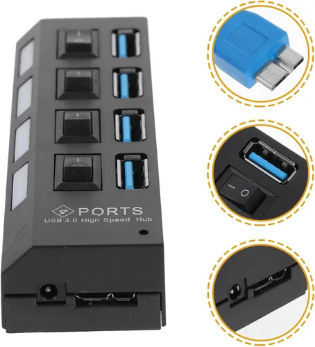Vista 7 de VILLCASE USB 3.0 4-Port Hub with Independent Power Switches, High-Speed Data Transfer Concentrator for Laptops and Pcs, Black US Plug, USB Hub for