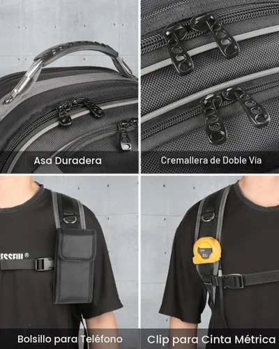 Vista 8 de Mochila de herramientas con compartimento para portátil, bolsa de herramientas completamente abierta, bolsas de herramientas HVAC, mochila