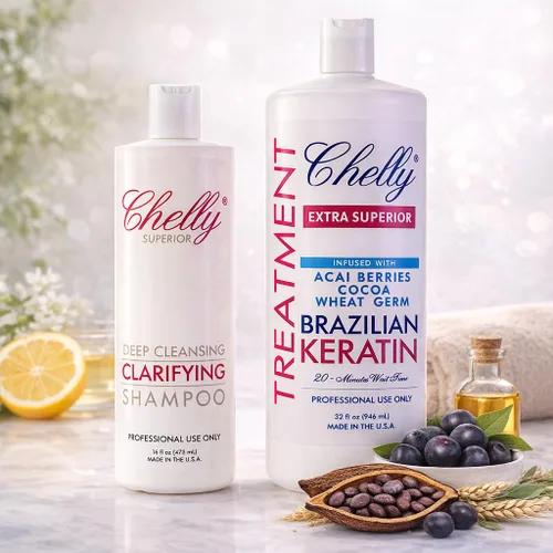 Vista 3 de Chelly Keratina brasileña extra superior infundida con bayas de acaí, cacao y champú clarificante COMBO