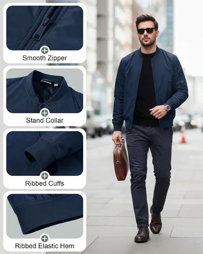 Vista 5 de 33,000ft Chaqueta bomber para hombre, impermeable, con cremallera, acolchada, ligera, cálida, casual, primavera, otoño e invierno Mezclilla oscura
