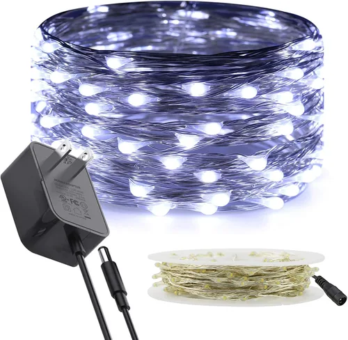 Vista 14 de RUICHEN Luces de Hadas de Alambre Plateado Enchufables de 33 Pies, Cadena de 100 Luces LED con Carrete, Azul Waterproof, Silver Coated Copper Wire