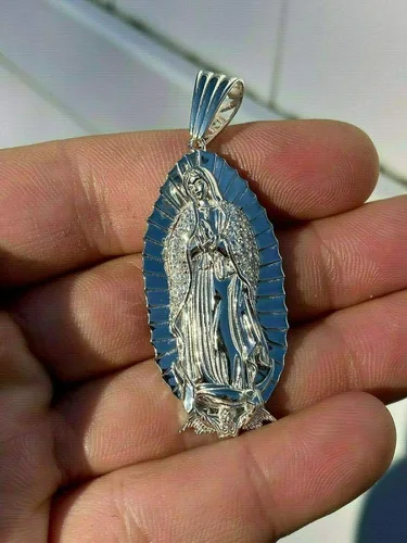 Vista 6 de Harlembling Solid 925 Sterling Silver - Men's Virgin Mary Pendant - Iced Nuestra Señora de Guadalupe