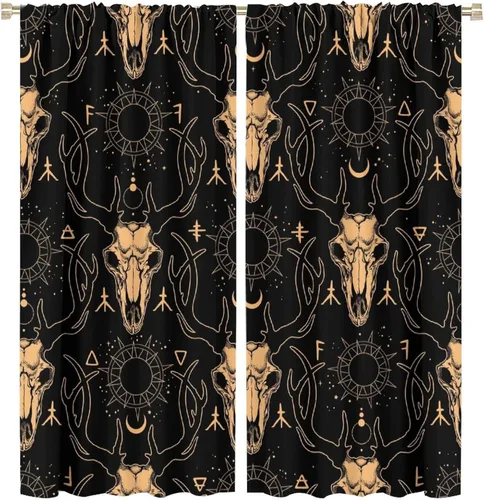 Vista 26 de BAEKJIN Cortinas de cabeza de cabra, diseño de calavera malvada, bruja, símbolo misterioso, bolsillo para barra, cortinas opacas para ventana, juego