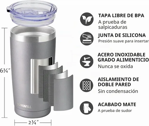 Vista 2 de SUNWILL - Vaso para café de viaje de 20 onzas, taza aislada con tapa, taza de acero inoxidable para bebidas frías y calientes, gris claro Gris oscuro