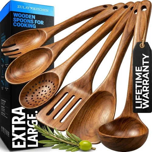 Vista 16 de Zulay Kitchen Juego de 5 cucharas de madera extragrandes - Utensilios de cocina de teca lisa - Cucharón, espátula, espumadera, tenedor, cuchara