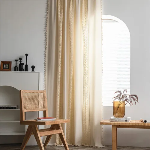 Vista 5 de Deeprove - Cortinas bohemias de 63 pulgadas de largo para dormitorio, rayas de lunares de punto hueco beige y patchwork de algodón y lino crema