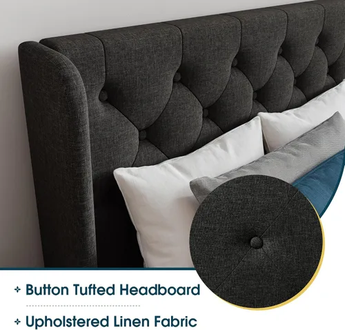 Vista 3 de WEEWAY Base de cama tapizada de tamaño matrimonial con cabecera copetuda con respaldo de alas, plataforma moderna con soporte de listones de madera