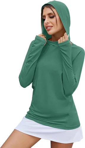 Vista 22 de LUYAA - Sudaderas con capucha para mujer, protección solar UPF 50+, transpirables, elásticas, para senderismo, manga larga, para correr Beige