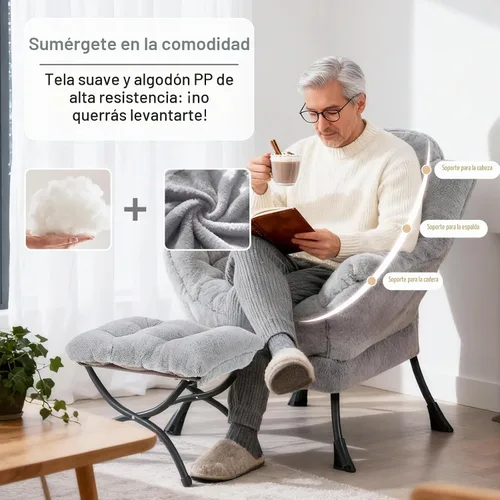 Vista 8 de Furlide - Silla perezosa con otomana, cómoda silla de lectura para dormitorio, color gris Gris ceniza