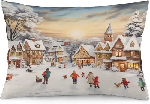Vista 27 de Funda de almohada con escena de pueblo navideño con niños, fundas de almohada de 12 x 20 pulgadas, almohadas decorativas de Navidad para sofá, funda