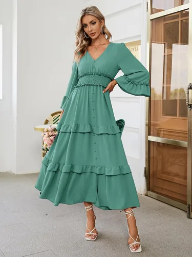 Vista 7 de Amegoya Vestido largo de manga larga con cuello en V bohemio para mujer, de verano, para invitadas de boda, de estilo fluido, para compromisos