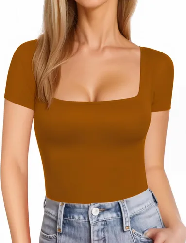 Vista 28 de MANGOPOP - Camisetas ajustadas de manga corta y manga larga con cuello cuadrado para mujer A01 Manga Corta Negro