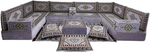 Vista 165 de arabicsofa Sofá en forma de U de estilo árabe para el suelo – Juego de Majlis hecho a mano – Sofá de estilo bohemio