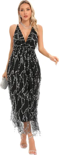 Vista 6 de Aigeman Sexy cuello en V profundo tirantes espagueti sin espalda lentejuelas Maxi vestido de fiesta de encaje mameluco brillante brillo vestido