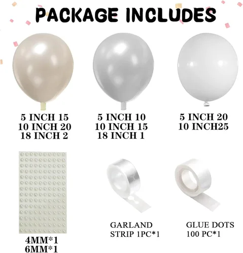 Vista 2 de Kit de arco de guirnalda de globos blancos perlados, 112 piezas de arco de globos de doble relleno de color blanco arena perla con calcomanías
