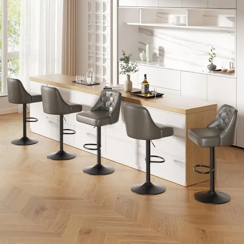 Vista 27 de Juego de 2 taburetes de bar, taburete de bar ajustable con respaldo, sillas de bar tapizadas de piel sintética, taburetes de bar giratorios modernos