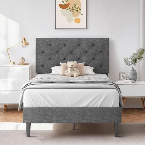 Vista 22 de HOMBCK Base de cama de tamaño individual con cabecera, base de cama tapizada con plataforma de lino para niños, base de cama de tamaño individual