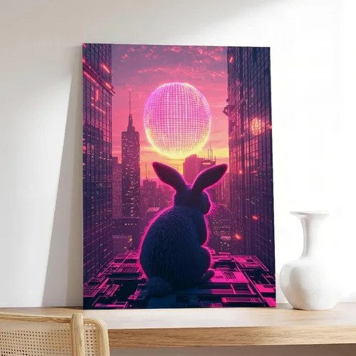 Vista 7 de Retro Futuristic Easter Wall Art – Neon Bunny with Cyber Egg – Synthwave 80s Sci-Fi Cityscape Poster – Unique Easter Decor & Gift for Vaporwave Fans