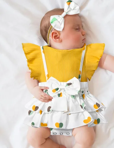 Vista 2 de TyeSmo Ropa de bebé para niña, ropa de bebé para niñas, manga con volantes, mameluco con diadema, ropa de verano para bebé niña