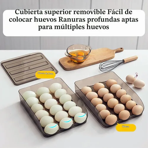 Vista 6 de Soporte para huevos para refrigerador, organizador de desplazamiento automático, contenedor de almacenamiento apilable de plástico reutilizable
