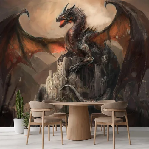 Vista 3 de wall26 Adhesivo mural de pared, hermoso guerra con el dragón en el castillo, no se pega ni se pega, papel tapiz no tejido decorativo para Obra
