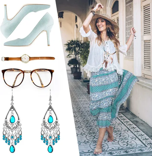 Vista 6 de 4 pares de aretes bohemios vintage, aretes colgantes, accesorios de joyería para mujer