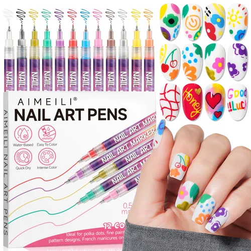 Vista 7 de AIMEILI Juego de bolígrafos de arte de uñas de 12 colores, bolígrafos de pintura acrílica de punta fina para salón y hogar, diseño de uñas, pincel