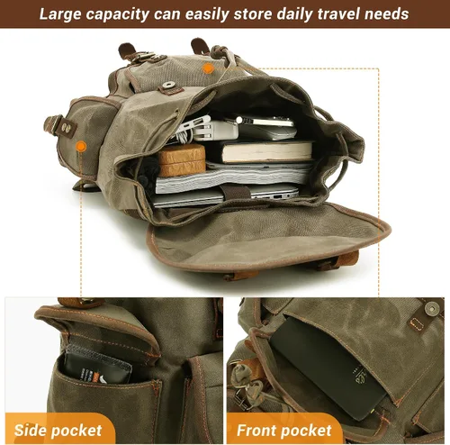 Vista 4 de HuaChen mochila vintage de lona y cuero mochila espaciosa y duradera para hombres y mujeres, perfecta para viajes y vida universitaria, Grande