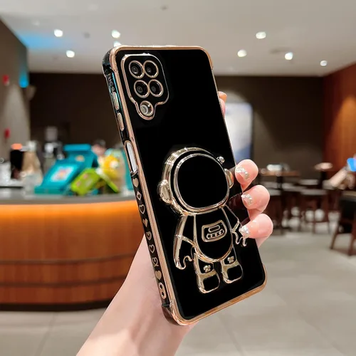 Vista 3 de phylla para Samsung Galaxy A12 Funda de Teléfono con Soporte Oculto de Astronauta Chapado en Oro de Lujo Lindo Astronauta Lateral Lindo