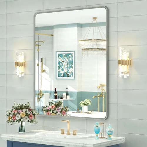 Vista 46 de OKPAL - Espejo de tocador de baño de 20x24 pulgadas con marco de metal cepillado en bronce, espejo de baño con marco de metal cepillado en bronce