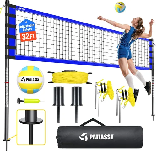 Vista 14 de Outdoor Volleyball Net for Backyard, 32FT Anti-Sag Net with Steel Poles 24-Ply Anti-Sag PE Net, 3 Official Adjustable Height, Easy Setup, Complete