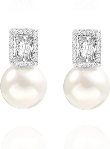 Vista 48 de Aretes colgantes de plata de ley 925 seleccionados a mano AAA+ de 7.5 a 0.315 in con perlas cultivadas de agua dulce blancas para mujer
