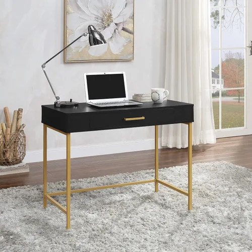 Vista 9 de OSP Home Furnishings Modern Life - Escritorio contemporáneo con cajón grande y patas de metal dorado, acabado negro