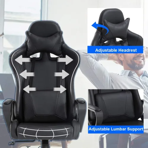 Vista 4 de Silla de oficina para videojuegos con brazos y apoyo lumbar, reposacabezas con respaldo alto, de piel sintética, silla de escritorio ergonómica