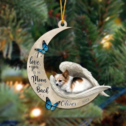 Vista 114 de Adorno colgante personalizado de ángel durmiendo en la luna, perro sabueso afgano, nombre personalizado, acrílico impreso en 2D plano – cumpleaños