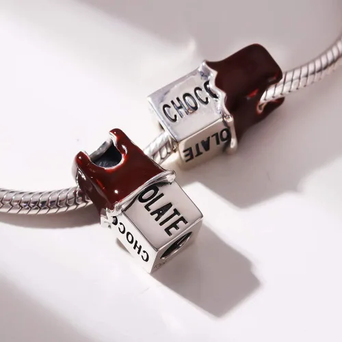 Vista 3 de Dijes de chocolate esmaltado marrón de plata de ley 925 con dije de cristal de sandía, colgantes de limón para pulseras Pandora