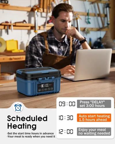 Vista 4 de Fiambrera eléctrica inalámbrica para adultos – Fiambrera calentada a batería con recipiente de acero inoxidable de 1.2 L, función de temporizador