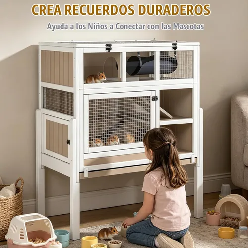 Vista 2 de Jaula grande de madera para conejillos de indias de 3 niveles con soporte Para 2-4 conejillos de indias, rampa antimasticación, bandeja extraíble