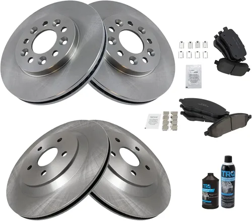 Vista 2 de TRQ Kit de pastillas de freno delanteras y traseras y rotores Kit de productos químicos de freno, pastillas de freno de cerámica compatible con Ford